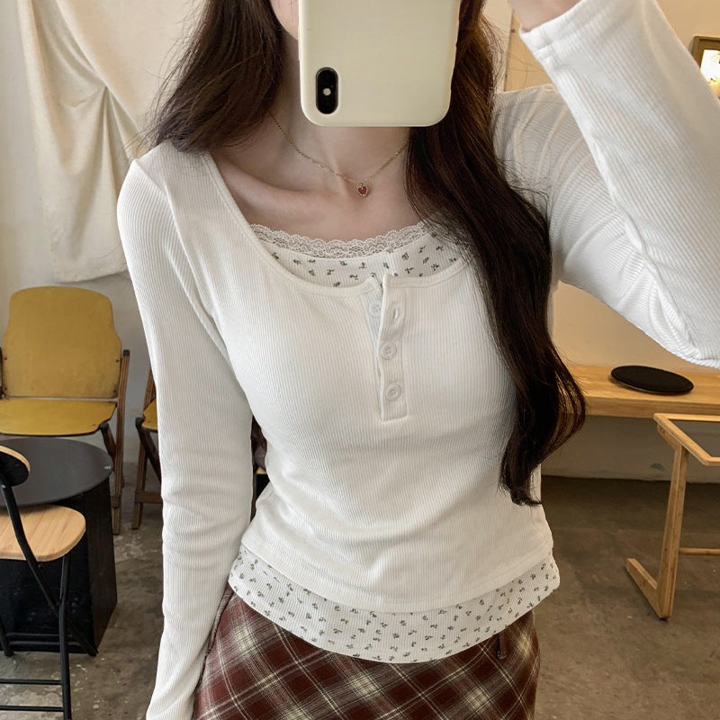 清新甜美韓系碎花假兩件内搭打底衫-Intstyles